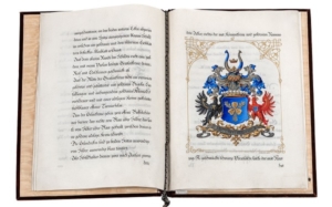 Grafen-Diplom, Gouache von G. Berger, Kalligrafie von A. Brandrupp, 1865